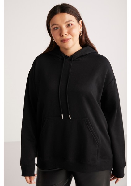 Terezabb Kadın İçi Polarlı Yumuşacık Comfort Fit Kapüşonlu Kanguru Cep Siyah Büyük Beden Sweatshirt indirimleri