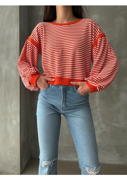 Oranj Balon Kollu Çizgili Kadın Sweat