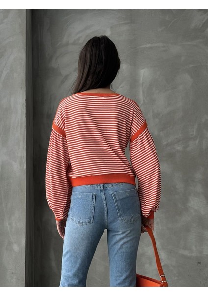 Oranj Balon Kollu Çizgili Kadın Sweat fiyatları
