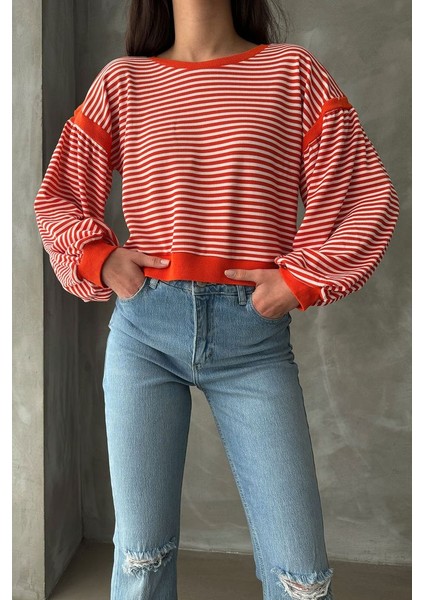 Oranj Balon Kollu Çizgili Kadın Sweat modelleri
