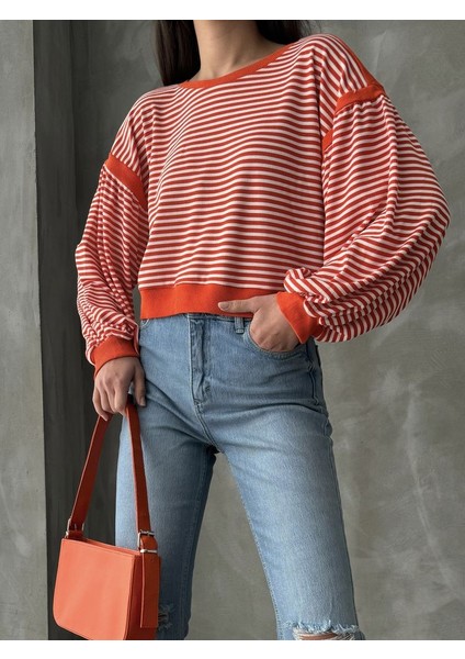 Oranj Balon Kollu Çizgili Kadın Sweat fırsatları