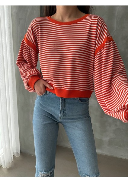 Oranj Balon Kollu Çizgili Kadın Sweat indirimleri