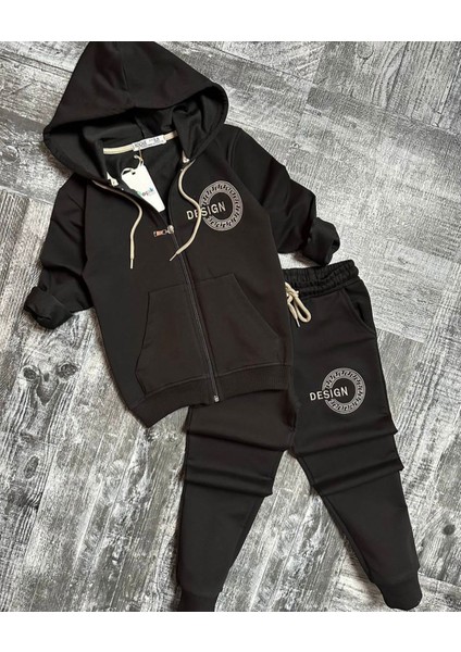 Punıx Kids Özel Üretim Kapüşonlu Fermuarlı Çember Desıgn Baskılı Şardonlu Kışlık Erkek Çocuk Eşofman Takımı