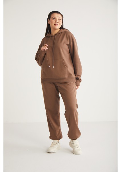 Lenkabb Kadın İçi Polarlı Comfort Fit Beli ve Paçası Lastikli Kahverengi Eşofman Altı