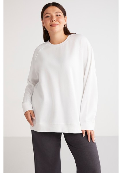 Ethiquet Barborabb İçi Polarlı Yumuşacık Comfort Fit Yuvarlak Yaka Beyaz Büyük Beden Sweatshirt