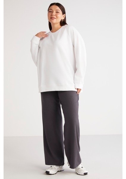 Ethiquet Barborabb İçi Polarlı Yumuşacık Comfort Fit Yuvarlak Yaka Beyaz Büyük Beden Sweatshirt modelleri