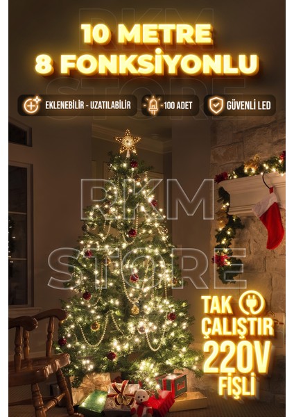 Rkm Store LED Işık Gün Işığı 10 Metre Yılbaşı Işığı Fişli Şeffaf Kablolu 8 Fonksiyonlu Eklemeli