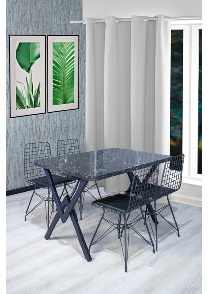 Carla 120x80 Tel Sandalye Takımı 4 Kişilik Mutfak Masası - Yemek Masası - Cafe Masası - Siyah Mermer