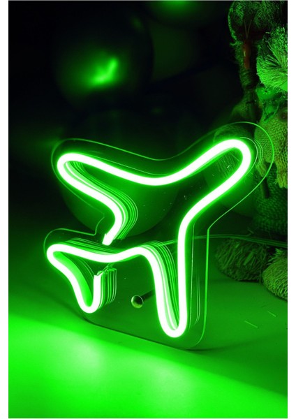 Yeşil Çocuk Odası Için Masaüstü Küçük Uçak Şeklinde Neon LED Işıklı Tablo 16 x 16 cm