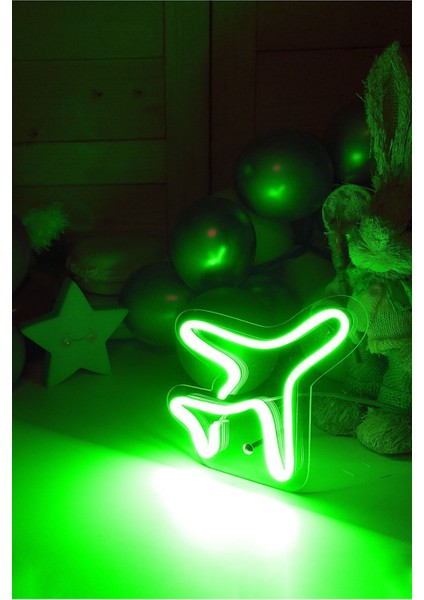 Yeşil Çocuk Odası Için Masaüstü Küçük Uçak Şeklinde Neon LED Işıklı Tablo 16 x 16 cm