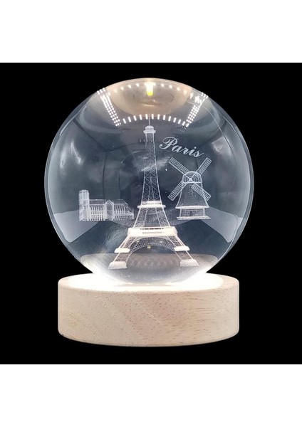 Paris Kristal Cam Küre 8cm LED Işıklı USB Kablolu Ahşap Stantlı Gece Lambası modelleri
