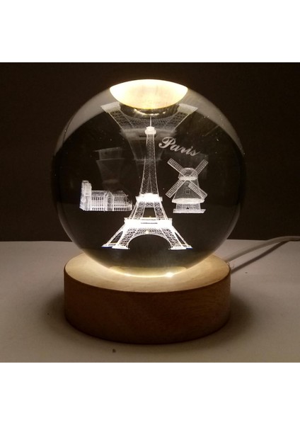 Paris Kristal Cam Küre 8cm LED Işıklı USB Kablolu Ahşap Stantlı Gece Lambası fırsatları