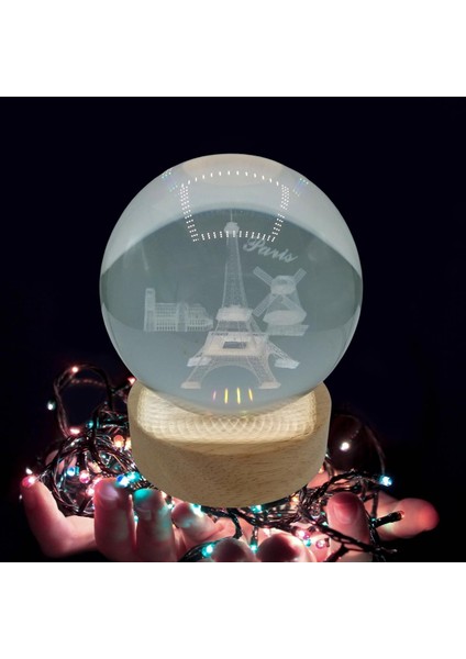 Paris Kristal Cam Küre 8cm LED Işıklı USB Kablolu Ahşap Stantlı Gece Lambası indirimleri