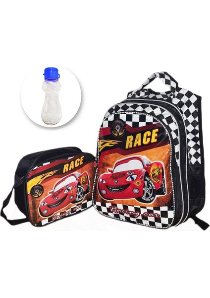 Race Car Sırt Çantası + Beslenme + Suluk - Cars Ilkokul Çantası - Erkek Çocuk Çantası Okul Çantası