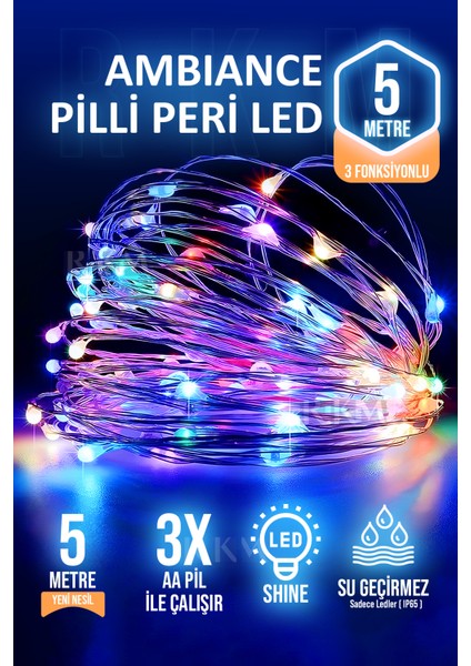 Rkm Store Dekoratif 5 Metre Peri LED Gün Işığı 3 Pilli 3 Fonksiyonlu