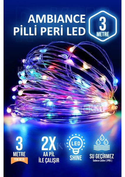 Rkm Store Dekoratif 3 Metre Peri LED Rgb Karışık Renkli 2 Pilli