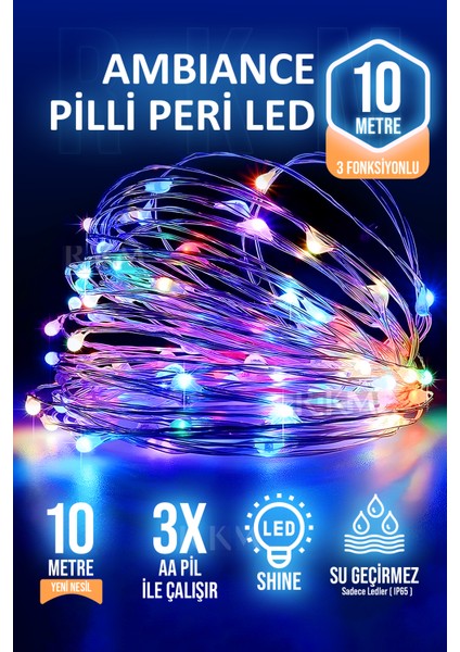 Rkm Store Dekoratif 10 Metre Peri LED Rgb Karışık Renkli 3 Pilli 3 Fonksiyonlu