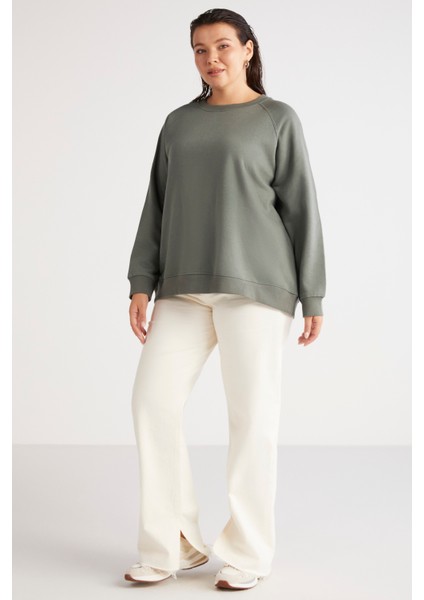 Ethiquet Barborabb İçi Polarlı Yumuşacık Comfort Fit Yuvarlak Yaka Yeşil Büyük Beden Sweatshirt