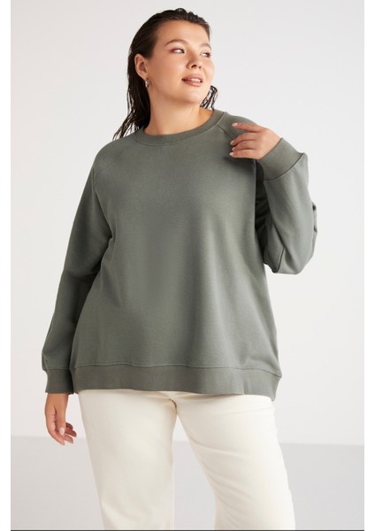 Ethiquet Barborabb İçi Polarlı Yumuşacık Comfort Fit Yuvarlak Yaka Yeşil Büyük Beden Sweatshirt modelleri