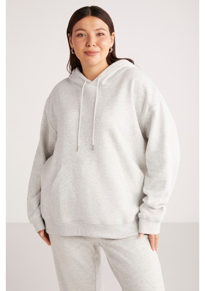 Terezabb Kadın İçi Polarlı Yumuşacık Comfort Fit Kapüşonlu Kanguru Cep Grimelanj Büyük Beden Sweatshirt