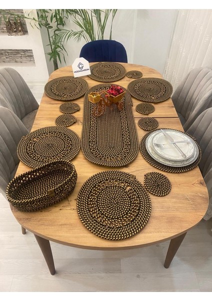Jüt Hasır Amerikan Servis Supla Runner Sepet ve Bardaklık 14 Lü
