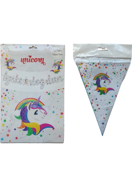 Unicorn Iyi Ki Doğdun Kaligrafi Banner ve Iyi Ki Doğdun Üçgen Flama