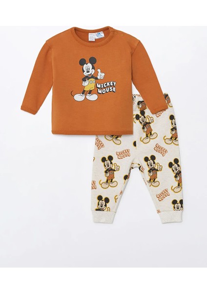 Lcw Baby turuncu Bisiklet Yaka Mickey Mouse Baskılı Erkek Bebek Sweatshirt ve Eşofman Alt 2'li Takım