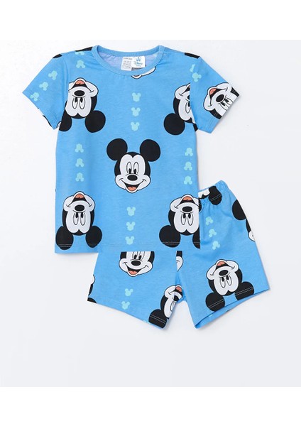 LC Waikiki Lcw Baby mavi Baskılı Bisiklet Yaka Kısa Kollu Mickey Mouse Baskılı Erkek Bebek Şortlu Pijama Takımı