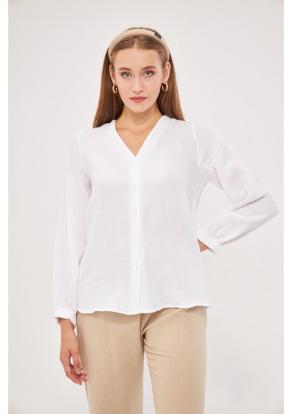 Kadın Müslin Kumaş Krem Kolu Lastikli Gömlek