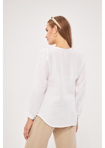 Kadın Müslin Kumaş Krem Kolu Lastikli Gömlek fiyatları