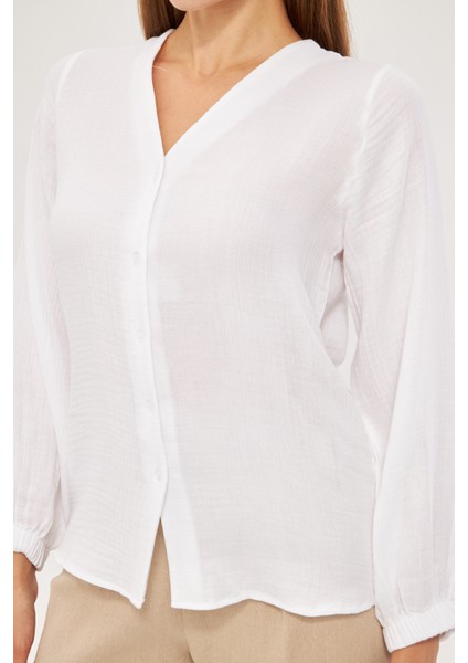 Kadın Müslin Kumaş Krem Kolu Lastikli Gömlek modelleri