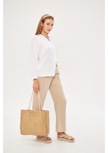 Kadın Müslin Kumaş Krem Kolu Lastikli Gömlek indirimleri