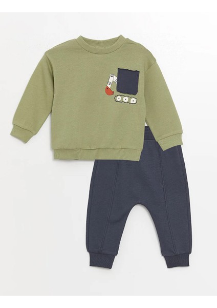 LC Waikiki Lcw Baby yeşil Bisiklet Yaka Baskılı Erkek Bebek Sweatshirt ve Eşofman Alt 2'li Takım