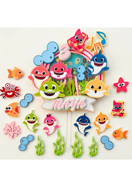 Baby Shark Temalı Kız Erkek Çocuk Doğum Günü Isme Özel 3 Boyutlu Pasta Parti Süsü Seti fiyatları