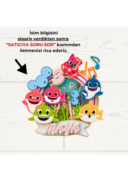 Baby Shark Temalı Kız Erkek Çocuk Doğum Günü Isme Özel 3 Boyutlu Pasta Parti Süsü Seti modelleri
