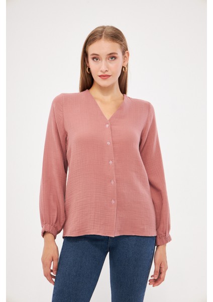 Kadın Müslin Kumaş Krem Kolu Lastikli Gömlek