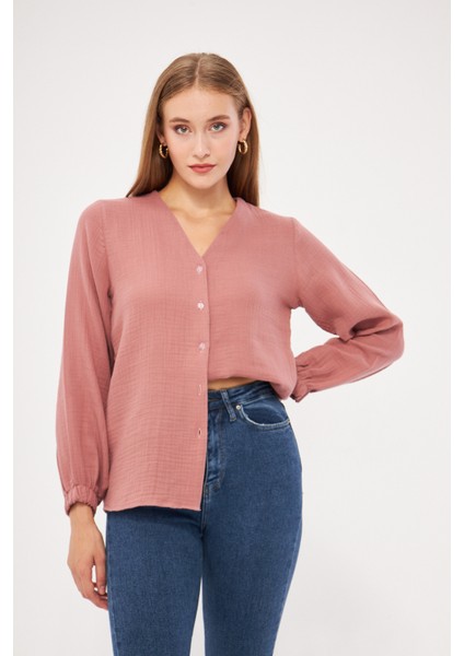 Kadın Müslin Kumaş Krem Kolu Lastikli Gömlek fiyatları