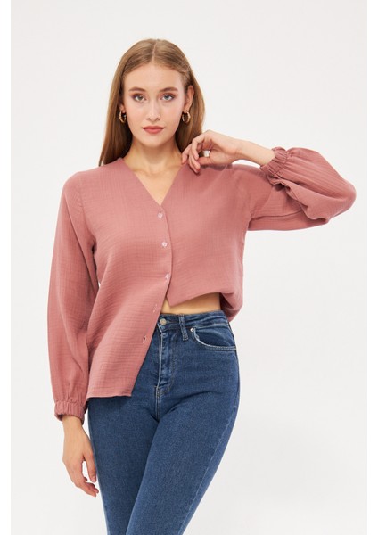 Kadın Müslin Kumaş Krem Kolu Lastikli Gömlek fırsatları