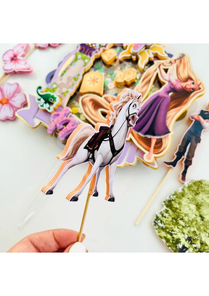 Cake Topper Rapunzel Temalı Kız Çocuk Doğum Günü Isme Özel 3 Boyutlu Pasta Parti Süsü Seti -Rapunzel Pasta Süsü