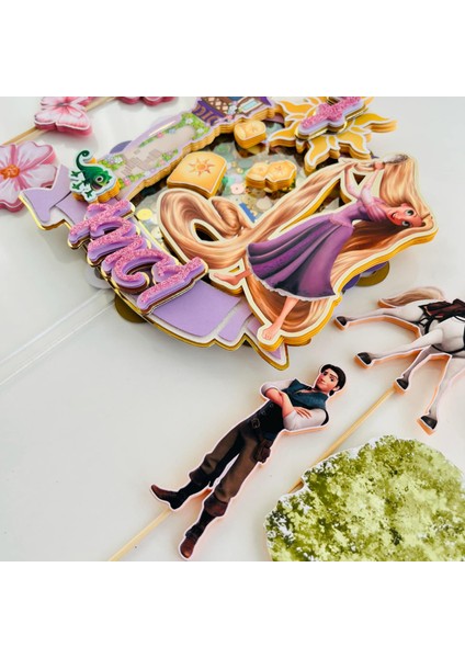 Cake Topper Rapunzel Temalı Kız Çocuk Doğum Günü Isme Özel 3 Boyutlu Pasta Parti Süsü Seti -Rapunzel Pasta Süsü