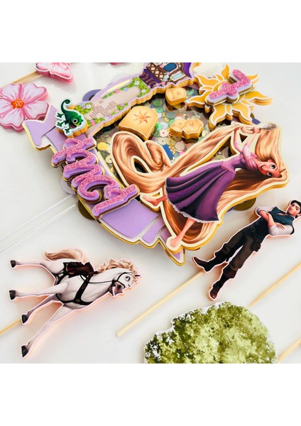 Cake Topper Rapunzel Temalı Kız Çocuk Doğum Günü Isme Özel 3 Boyutlu Pasta Parti Süsü Seti -Rapunzel Pasta Süsü