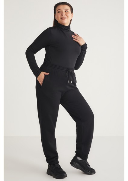Lenkabb Kadın İçi Polarlı Comfort Fit Beli ve Paçası Lastikli Siyah Eşofman Altı