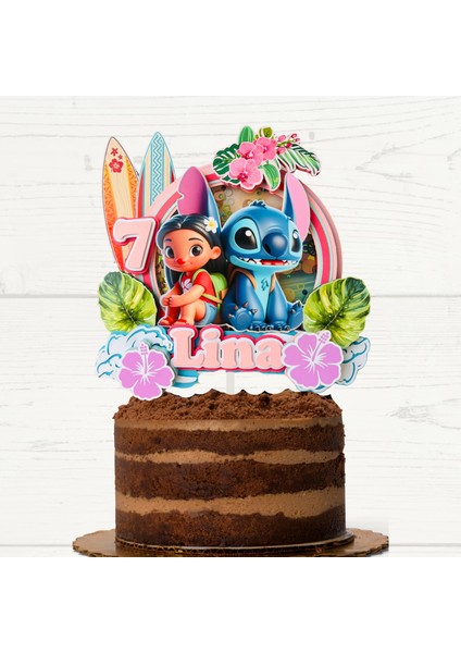 Stitch Temalı Kız Çocuk Doğum Günü Isme Özel 3 Boyutlu Pasta Parti Süsü - Stitch Cake Topper