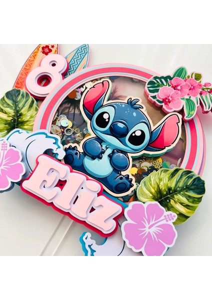 Cake Topper Stitch Temalı Kız Çocuk Doğum Günü Isme Özel 3 Boyutlu Pasta Parti Süsü - Stitch Cake Topper