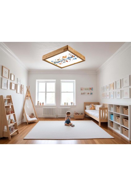 60x60 Cm Çocuk Odası Ahşap Çerçeve Avize Led Aydınlatma