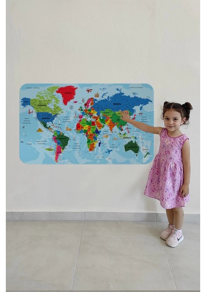 Türkçe Eğitici Ülke ve Başkent Okyanus Detaylı Atlası Dünya Haritası Duvar STICKER -60X105-3866