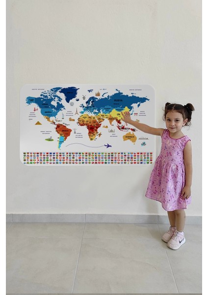 Ülke Bayrak Lı Eğitici Başkent Detaylı Atlası Dünya Haritası Duvar STICKER -60X105-3857