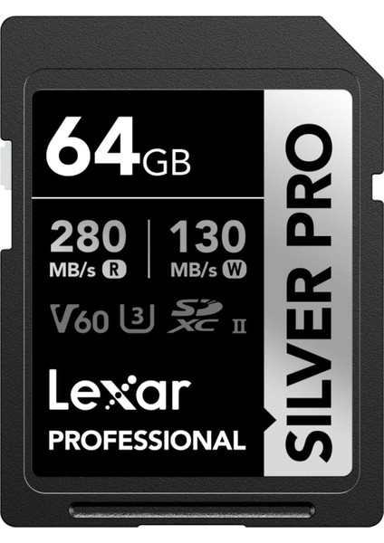 Silver Pro Sd Kart 64GB, Uhs-Iı Hafıza Kartı, V60, U3, C10, Sdxc Kart, 280MB/SN'YE Kadar Okuma, Profesyonel Fotoğrafçı, Videograf, Meraklılar Için (LSDSIPR064G-BNNAA), Siyah