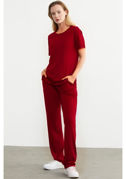 Kadın Rahat Bol Oversize Kesim Penye Kumaş Kısa Kollu Alt Üst Takım