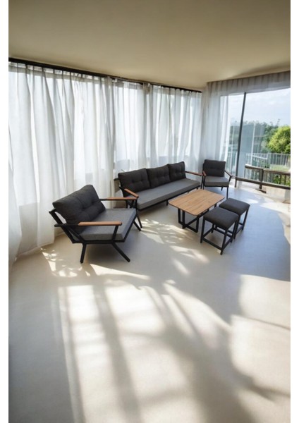 Pi Locca Bahçe Ve Balkon Mobilyası Gri Antrasit 3+1+1 Sehpalı Ve 2 Puf